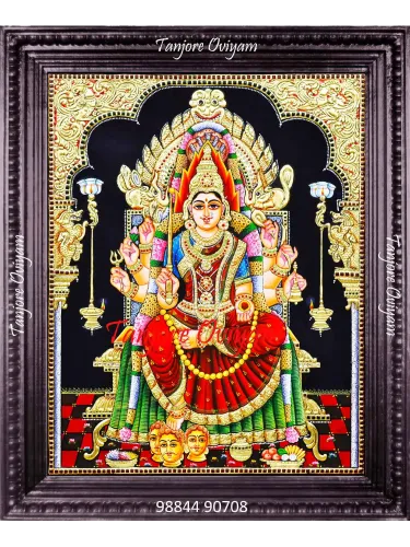 Samayapuram Mariamman Tanjore Painting showing Goddess Mariamman seated on a golden throne with temple lamps and arch, handcrafted in traditional Thanjavur style
